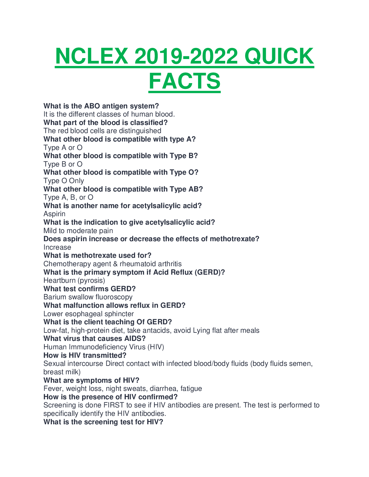 Preview image for NCLEX 2019-2022 QUICK FACTS QUESTIONS WITH ANSWERS COMPLETE GUIDE SOLUTION, CHAMBERLIAN COLLEGE|RATED A AND 100% VERIFIED .